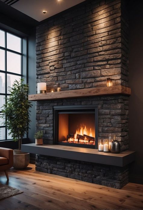 25 Fireplace Accent Wall Ideas to Create the Ultimate Cozy Corner Matt Black Fireplace, Accent Wall Around Fireplace, Brick Wall With Fireplace, Wall Around Fireplace, Rock Wall Fireplace, Mantel Ideas Fireplace, Tiled Fireplace Ideas, Stone Fireplace Hearth, Fireplace Accent Wall Ideas