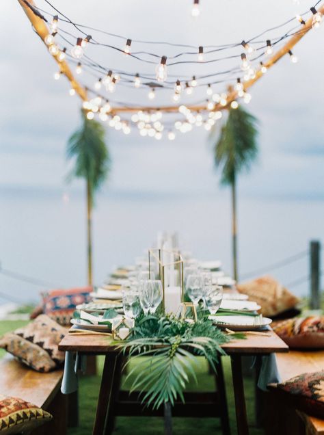 A Cliffside Anniversary Celebration in tropical Bali | Bali Anniversary Bali Wedding Dress, Beach Dinner Parties, Bali Party, Rehearsal Dinner Themes, Havana Nights Party, Tropical Wedding Inspiration, Engagement Dinner, Film Lab, Kauai Wedding