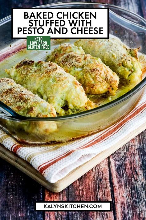 Pinterest image of 4 pieces of Baked Chicken Stuffed with Pesto and Cheese in a glass baking dish sitting on a red and white striped towel. White Meals, Pesto Ideas, Pesto Dishes, Baked Stuffed Chicken, Low Carb Backen, Pesto Cheese, Recipes Low Carb, Boiled Egg Diet Plan, Chicken Stuffed