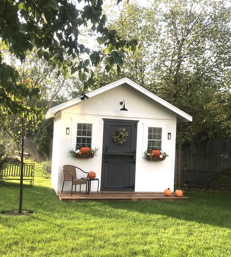 Beige Shed Ideas, Sheds With Decks, Small Shed Landscaping Ideas, Diy Shed Paint Ideas, Sheds Ideas Backyard Landscaping, Mini Shed Ideas, Adding A Porch To A Shed, Backyard Shed Makeover, Small Shed With Porch