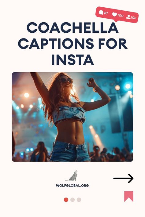 A joyful woman dancing at a music festival with a caption "Coachella Captions for Insta" above.
List of Coachella-themed captions and emoji with a call-to-action button for more.
Woman with laptop surrounded by social media icons, advertising Instagram engagement service. Coachella Captions, Coachella Vibes, Coachella Looks, Desert Dreamer, Desert Dream, Desert Vibes, Neon Nights, Coachella Festival, Talk Of The Town