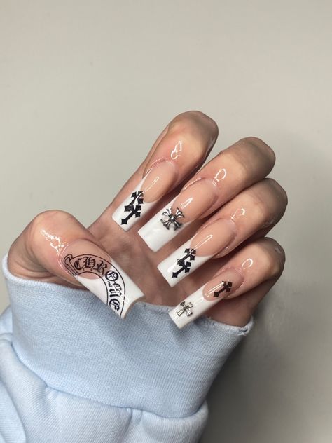 Black Cross On Nails, Crosses Nail Art, Chrome Cross Nails Designs, Chrome Hearts French Tip Nails, French Nails With Cross, Black Nails With Cross Design, Black Chrome Heart Nails, Playboi Carti Nails, Chrome Heart Nails Designs