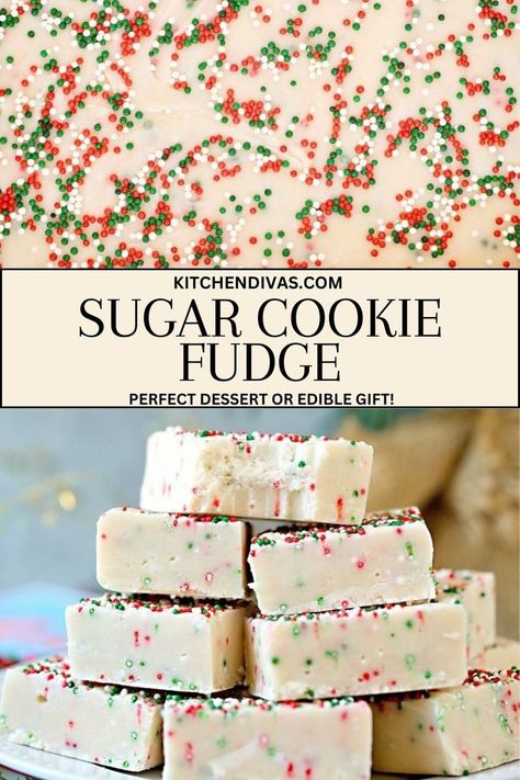 Collage of closeup shot of uncut sugar cookie fudge at top and stack of sugar cookie fudge squares on plate at bottom. 3 Ingredient Sugar Cookie Fudge, Sugar Cookies Fudge, Sugar Cookie Fudge Recipe Easy, Easy Edible Christmas Gifts, Easy Fancy Dessert Recipes, Christmas Bake Sale Ideas Easy, Fudge Gift Packaging Ideas, Christmas Cookie Fudge, Sugar Cookie Fudge Recipe