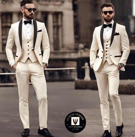 Cream Suits For Men, Trending Suits, Suits For Men Stylish, Men's Tuxedo Styles, Groom Suit Black, Suit For Men Wedding, Designer Tuxedo, Wedding Groomsmen Attire, Simple Wedding Dress Beach