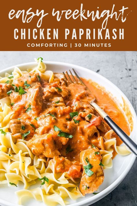 You and your family will love this 30-minute Chicken Paprikash. Sometimes called paprika chicken, it's rich and creamy with a little punch! #chickenpaprikash #paprikachicken #chickendinner #easydinner #comfortfood Easy Paprika Chicken, Chicken Paparkish, Paprika Chicken Stew, Chicken Paprikash With Spaetzle, Instant Pot Chicken Paprikash, Easy Chicken Paprikash Recipe, Chicken Paprikash Crockpot, Crockpot Chicken Paprikash, Chicken Paprikash Soup