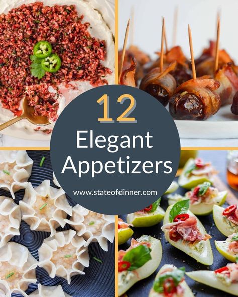 You don't have to go to a fancy party to have a fun New Year's Eve celebration! With these elegant appetizers, you can enjoy a festive evening right in your own home! Recipes include: Jalapeno Cranberry Dip Bacon-Wrapped Dates with Goat Cheese & Honey Shrimp Shumai Bourbon Pecan Brie Bites Balsamic Blueberry Marscarpone Crostini Pear Prosciutto Spinach & Ricotta Rolls Mini Bacon & Onion Pasties Baked Feta with Tomatoes Steak Crostini with Mushrooms & Truffle Oil Champagne Cheesecake Fruit Dip Appetizers For New Years Party, Black Tie Appetizers, New Year’s Eve Appetizers Fancy, High Class Appetizers, Elegant Appetizers Entertaining, Great Gatsby Appetizers, Classy Party Appetizers, Hordourves Party, Fancy Appetizers For Two