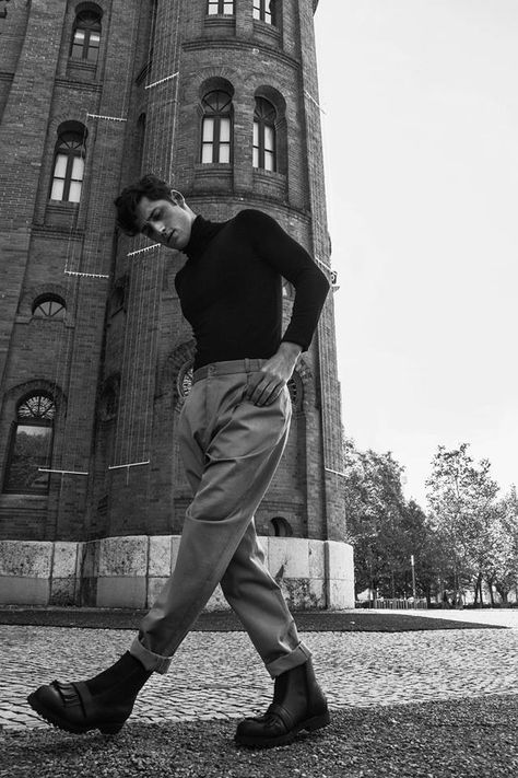 Nylon Spain: Carlos Ferra Wears Fashions with Machismo Fashion Editorial, A Man, Editorial, Spain, Walking, Black And White, Building, White, Black