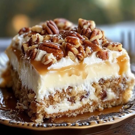 Decadent Butter Pecan Praline Poke Cake Recipe Butter Pecan Praline Poke Cake, Pecan Praline Poke Cake, Praline Poke Cake, Pecan Frosting, Poke Cake Recipe, Pecan Desserts, Butter Pecan Cake, Pecan Praline, Easy Holiday Desserts