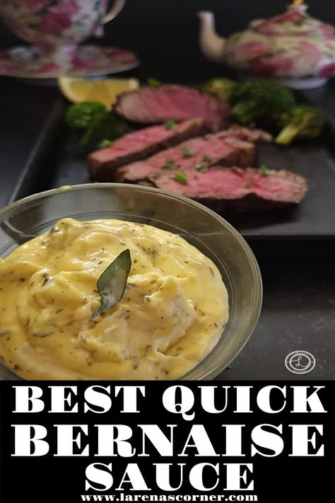 Best Quick Bernaise Sauce a close up of the sauce with fillet mignon in the backbround. Easy Bernaise, Easy Bernaise Sauce, Bernaise Sauce Recipe, Bearnaise Sauce Recipe, Sauce For Eggs, Bernaise Sauce, Sauce For Vegetables, Sauce Béarnaise, French Sauces