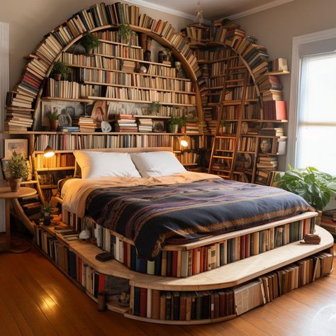 Queen size bed with bookshelves for a headboard and all around at Lilyvolt com Headboard Ideas Queen Size, Bookcase Headboard Ideas, Built In Bed Bookshelves, Fantasy Library Bedroom, Headboard With Bookshelves, Bed With Bookshelf Underneath, Built In King Size Bed, Book Bed Frame, Bookshelves Bed Frame