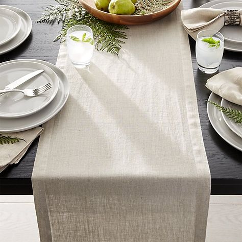 Helena Dark Natural Linen 90" Table Runner | Crate and Barrel Modern Table Runners, Natural Table, Dining Table Runners, Long Table Runner, Flax Plant, Linen Collection, Long Table, European Linens, Table Linen