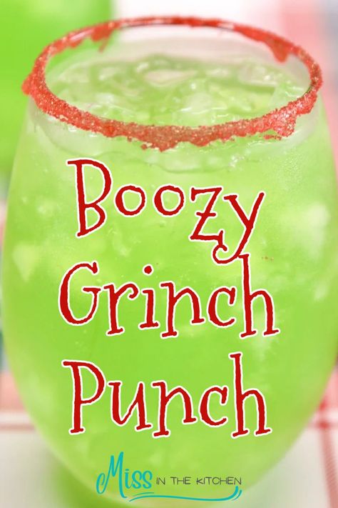 Grinch Punch is a fun party drink for Christmas made with vodka for the adults or without for the kids. A festive lemon-lime punch served up with a red sugared rim. Large Batch Christmas Cocktails, Christmas Alcoholic Drinks Recipes, Grinch Drink, Grinch Punch, Holiday Punch Recipe, Holiday Drinks Alcohol, Christmas Drinks Alcohol Recipes, Xmas Drinks, Fun Party Drinks