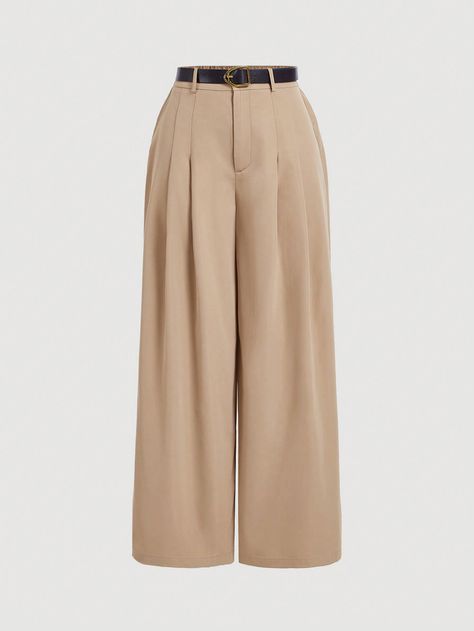 SHEIN MOD Khaki Wide Leg Pants With Belt For Plus Size Women, Retro StyleI discovered amazing products on SHEIN.com, come check them out! Khaki Pants For Women, Wide Leg Pants Plus Size, Khaki Pants Women, Khaki Trousers, Bachelorette Party Outfit, Trousers For Women, Build A Wardrobe, Retro Mode, Women Pants