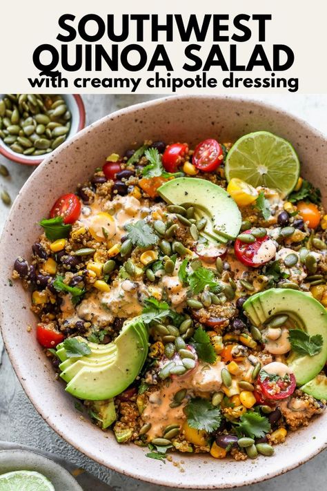 Salad Recipes Vegetarian, Creamy Chipotle Dressing, Southwest Quinoa, Southwest Quinoa Salad, Chipotle Dressing, Southwest Salad, Quinoa Healthy, Vegetarian Salads, Healthy Salad