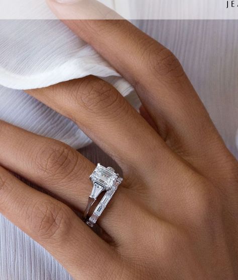 Emerald Cut Engagement Ring Set, Three Stone Engagement Rings Emerald, Jean Dousset, Baguette Engagement Ring, Handcrafted Engagement Ring, Trending Engagement Rings, Emerald Engagement Ring Cut, Dream Engagement Rings, Lab Grown Diamonds Engagement