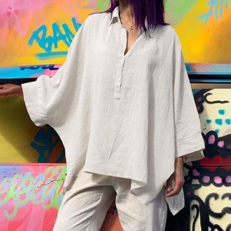 Clothes Streetwear, Batwing Sleeve Blouse, Blouse Casual Fashion, Stylish Tops For Women, Oversize Casual, Streetwear Summer, Clothing Vintage, Linen Casual, Easy Trendy Outfits