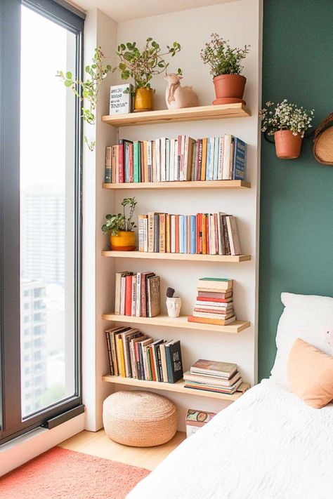 Bookshelf For Corner Wall, Book Shelves In Master, Bookshelf Styling Bedroom Small Spaces, Bookcase In Corner Of Living Room, Hanging Book Shelfs, Bedroom Shelves Design, Bookshelf Guest Room, Bookcase By Bed, Shelves In Small Living Room