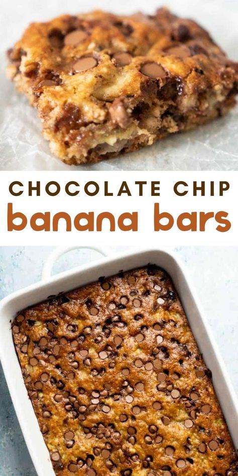 Banana Cookie Bars, Chocolate Chip Banana Bars, Banana Chocolate Chip Bars, Banana Cookie, Banana Recipes Easy, Banana Recipes Overripe, Banana Bread Bars, Ripe Banana Recipe, Banana Chocolate Chip Cookies