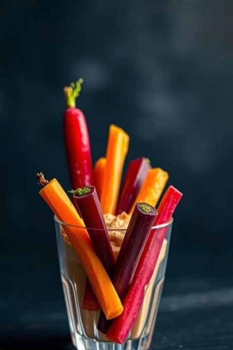 Colorful carrot sticks in a glass with dip against a dark background. Veggie Cups, Zucchini Ribbons, Sweet Potato Wedges, Carrot Sticks, Creamy Dip, Favorite Dips, Cauliflower Bites, Low Calorie Snacks, Cabbage Rolls