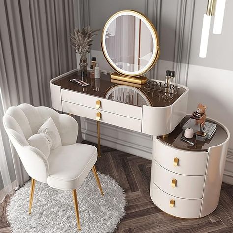 Amazon.com: Makeup Vanity Desk with Lighted Mirror and Glass Top, Large Vanity Table Set with Drawers, Side Cabinet & Chair, 3 Lighting Colors Makeup Table with Lights, Large Dressing Table for Her ( Color : Whit : Home & Kitchen Dressing Table Ideas Modern Luxury, Makeup Table With Lights, Makeup Table With Mirror, Bedroom Mirrors, Luxury Vanity, Makeup Vanity Desk, Dressing Design, Dressing Table Design, Vanity Table Set