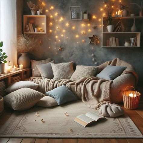 Cozy Reading Nook with Floor Cushions and Fairy Lights Cozy Pillow Corner, Meditation Reading Room, Cozy Bedroom Corner Ideas, Nook Bedroom Ideas, Reading Nook In Bedroom Small Cozy Corner Comfy Chair, Floor Reading Nook, Cute Teen Girl Bedroom Ideas, Cozy Corner Bedroom, Meditation Corner In Bedroom