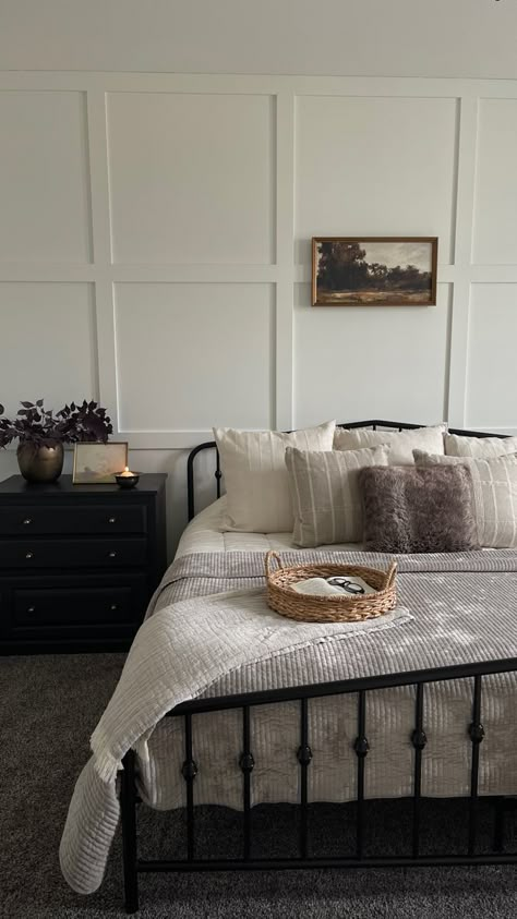 Neutral master bedroom decor Metal Bed Frame Upgrade, Wall Decor Above Queen Bed, Metal Bed Masterbedroom, Modern Bedroom With Iron Bed, Modern Vintage Master Bed, Black Metal Bedroom Ideas, Bedroom Inspirations Black Metal Bed, Minimalist Bedroom Black Metal Bed Frame, Black Metal Bed Styling