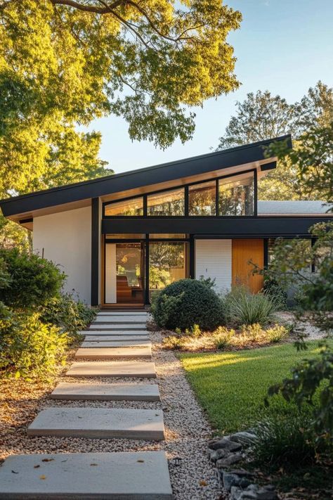 40 Cool Retro Exterior Houses You'll Love Flat Roof Homes Exterior Design, House Exterior Mid Century Modern, Modern Neighborhood Street, Modern House Design Exterior 1 Story, Mid Century Modern Stucco Exterior, Beach Homes Exterior Seaside Coastal, Midcentury Modern Exterior Houses, Mid Century Modern House Facade, Pnw Modern Home Exterior