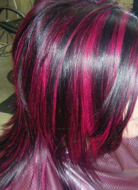 Magenta Highlights. Black Hair Magenta Highlights, Bright Pink Highlights, Magenta Red Hair, Magenta Hair Color, Magenta Highlights, Red Hair Colour, Magenta Hair Colors, Bright Pink Hair, Maroon Hair