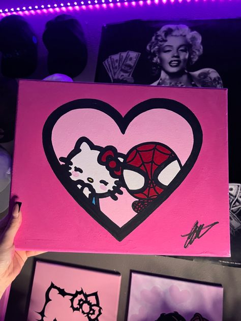 Hello Kitty And Spiderman, Hello Kitty Painting, Kitty Painting, Hello Kitty Crafts, Kitty Drawing, Simple Canvas Paintings, Cute Canvas Paintings, Easy Canvas Art, Canvas Drawings