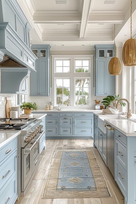 Classy Beach House Interior Design, Aesthetic Blue Kitchen, Cape Cod Kitchen Design, Beachouse Kitchen Ideas, Coastal Blue Cabinets, Coastal Galley Kitchen, Coastal Beach House Kitchen, Coastal Granddaughter Kitchen, Coastal Interior Design Kitchen