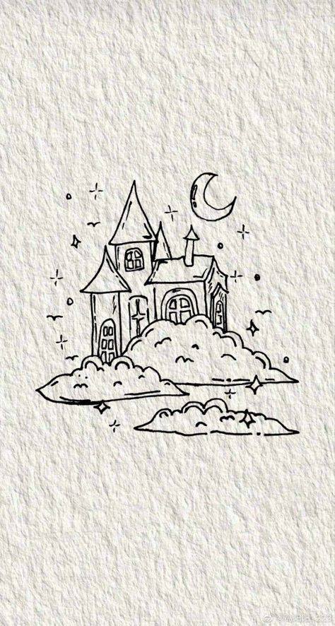 Castle In The Clouds Book, Simple Sketch Aesthetic, Castle On Hill Drawing, Castle On A Cloud Tattoo, Pencil Sketch Wallpaper, Castle On Map Drawing, Simple Fantasy Sketches, Easy Castle Sketch, Fantasy Map Drawing Castle