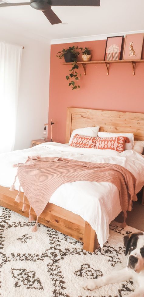 Boho Bedroom Coral Walls, Salmon Pink Bedroom Ideas, Peach Color Bedroom Ideas Wall, Peachy Boho Bedroom, Terracotta Master Bed, Coral Room Aesthetic, Rust And Blush Bedroom, Pink Walls Boho Bedroom, Rust Pink Bedroom