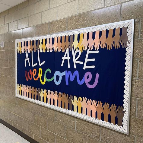 This inclusive bulletin board idea is perfect for a school hallway! Large School Bulletin Board Ideas, Inclusion Bulletin Board Elementary, We All Belong Bulletin Board, Bulletin Boards For Middle School Hallways, School Spirit Bulletin Boards Elementary, You Belong Bulletin Board Ideas, All Are Welcome Here Bulletin Board, Multicultural Bulletin Board Ideas, School Hallway Bulletin Board Ideas