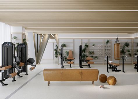 Studio Ashby bring a touch of luxury to the amenity and penthouse spaces in One Crown Place, a new London development by architectural firm KPF. Gym Room Ideas, Boutique Gym, Dream Home Gym, Home Gym Garage, Personal Gym, Basement Gym, Gym Room At Home, Reformer Pilates, Gym Interior