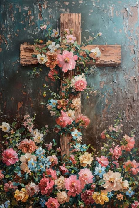 A wooden Christ cross adorned with flowers painting symbol art. | premium image by rawpixel.com / Fluke Cross Composition Art, Cross Nature Wallpaper, Cross Art Aesthetic, Cross With Flowers Painting, Three Crosses Painting, Cross Painting Ideas On Canvas, Cross Watercolor Painting, Cute Cross Wallpapers, Cross Painting Ideas