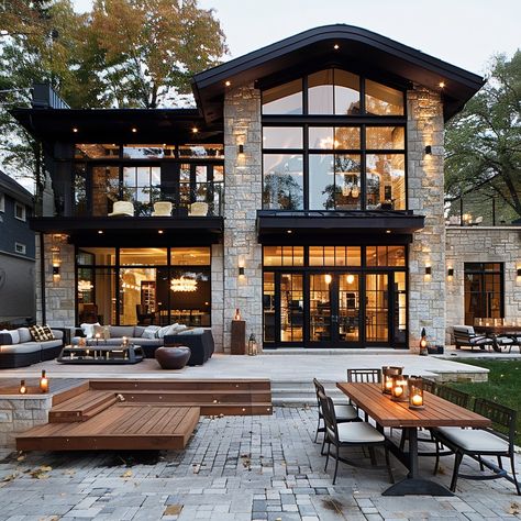 Luxury Home Architecture, Modern House Design Exterior Luxury Dream Homes, Rustic Modern Home Exterior, Unique Architecture House, Farmhouse Modern Exterior, Modern Architecture House Exterior, Forest House Exterior, Cottage Exterior Ideas, Lake House Exterior