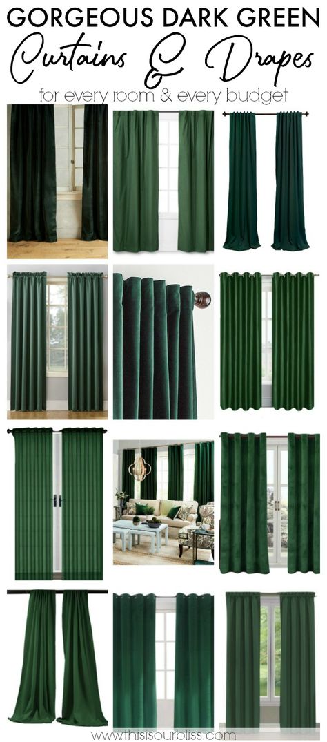 Want to add some luxe to your home? Dark green curtains and drapes will make a beautiful statement to any space in your home. Forest green, emerald green and hunter green color trends are hot and going strong. Click for the best dark green curtain and drape sources! #greencurtains #windowtreatments Forest Green Curtains Living Rooms, Emerald Green Curtains Bedroom, Dark Green Curtains Living Room, Dark Green Drapes, Dark Green Curtains Bedroom, Hunter Green Curtains, Forest Green Curtains, Dark Green Curtains, Green Curtains Living Room