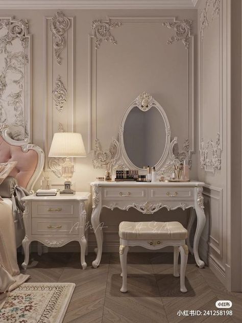 Coquette House, Elegant Bedroom, Vanity, Mirror, Bedroom, Makeup, Wall, Pink, Gold