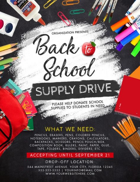 back to school supply drive flyer templates, back to school supply fundraiser flyers, back to school supply donation flyer, school supply giveaway flyers, school drive flyers, educational fundraiser flyers, colorful school supply drive chalkboard streak flyer, school donation flyer, supply drive flyer templates. Back To School Sale Flyer, Donation Flyer, School Donations, School Supply Drive, Clorox Wipes, Fundraiser Flyer, Back To School Sale, School Supply, Back To School Sales