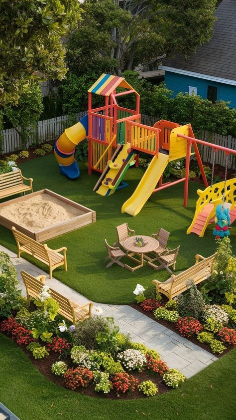 Kids Garden Play Area, Diy Backyard Projects, Kids Garden Play, Kid Friendly Backyard, Kids Backyard Playground, Ideas For Fun, Daycare Design, Play Area Backyard, Backyard Kids Play Area