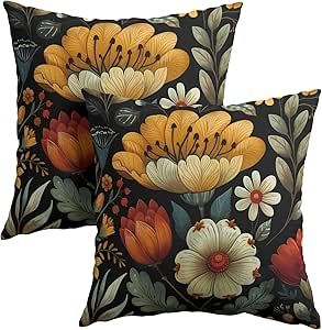 Kcozydecor Vintage Boho Floral Pillow Covers 18x18 Inches Yellow Beige Black Throw Pillow Case Set of 2 Spring Flower Pillow Cover Cotton Linen Cushion Cover for Home Couch Sofa Bedroom Livingroom Flower Pillows, Floral Pillow Covers, Car Porch, Party Bedroom, Indian Pillows, Black Throw Pillow, Black Throw Pillows, Vintage Cushions, Flower Throw Pillows