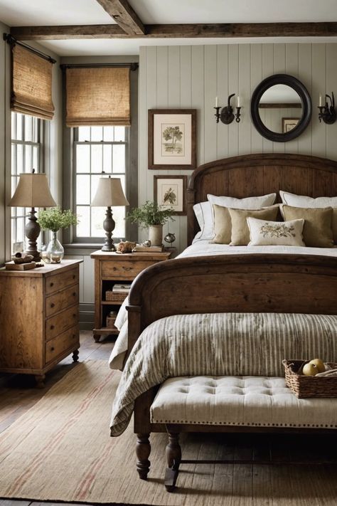 Rustic Charm Alert! Create a cozy retreat with our 20 Country Bedroom Ideas, featuring vintage decor, plush textiles, and natural elements. Get ready to unwind in your new haven! Click to explore and start decorating your dream bedroom now! Inspiring Living Room Ideas, Traditional Bedroom Inspirations, European Country Bedroom Decor, Country Charm Bedroom, English Cottage Guest Bedroom, 1910 Home Decor, Craftsman Bedroom Ideas Master Suite, Country House Bedroom Ideas, Mountain Inspired Decor