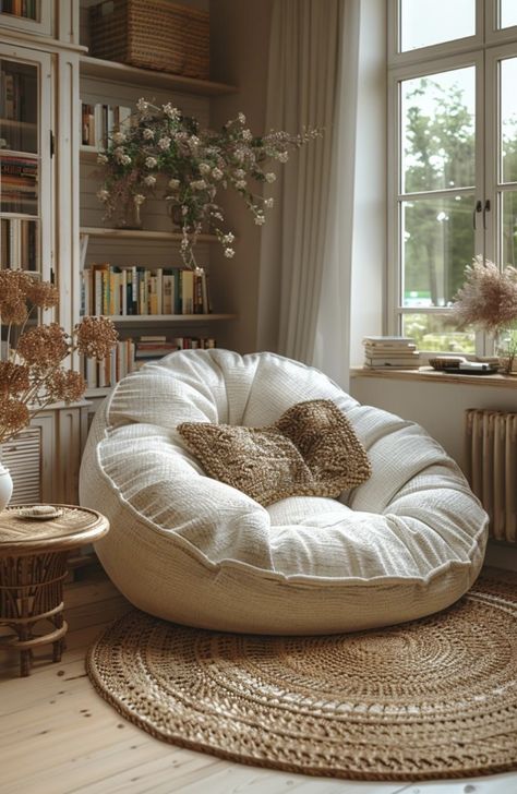 Comfy Space Ideas, Comfy Chairs For Bedroom Aesthetic, Dorm Lounge Area, Been Bags Room Ideas, Reading Chair Ideas, Students Room Ideas, Cozy Creative Space, Comfy Office Chair Cozy Corner, Nap Room Ideas