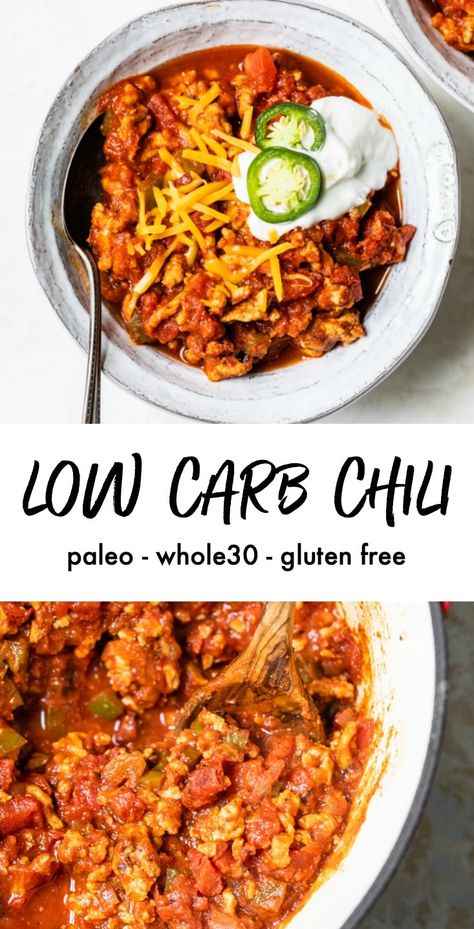 Easy Low Carb Chili, Chili No Bean, Low Carb Chili Recipe, Ground Turkey Recipes Easy, Chili Recipe Healthy, Ground Turkey Recipes Healthy, Healthy Chili, Healthy Ground Turkey, Low Carb Chili