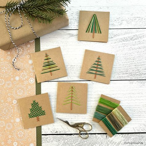 Stitched Christmas Cards Patterns, How To Embroider On Cardstock, Free Paper Embroidery Patterns, Creative Gift Tags Diy, Sew Christmas Cards, Embroidered Trees Simple, Homemade Christmas Gift Tags Diy Crafts, Simple Christmas Tree Embroidery, Sewing Christmas Cards