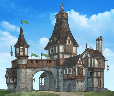 017, Muel Kim Medieval Gatehouse, Fantasy Town, World Building, Medieval Houses, Building Concept, Castle Designs, Minecraft Architecture, Fantasy House, Fantasy City