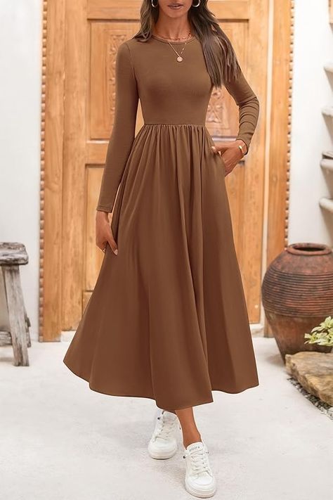 KIRUNDO Women Casual Long Sleeve Wedding Guest Dress Fall Dresses Homecoming Elegant Boho Flowy Midi Dress with Pockets(Brown, XX-Large) at Amazon Women’s Clothing store Long Sleeve Wedding Guest Dress, Modest Capsule Wardrobe, Sleeve Wedding Guest Dress, Wedding Guest Dress Fall, Long Sleeve Wedding Guest Dresses, Flowy Dress Casual, Elegant Bohemian, Fall Winter Coat, Flowy Midi Dress