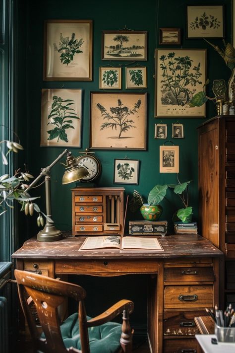 Work Cabinet Home Office, Living Room Writing Desk, Office With Dark Green Walls, History Interior Design, History Room Aesthetic, Dark Green Aesthetic Office, Dark Academia Decor Office, Vintage Home Decor Aesthetic, Dark Academia Desk Decor