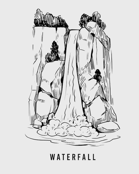 Waterfall Sketch, Waterfall Tattoo, Waterfall Drawing, Landscape With Mountains, Mountain Sketch, Cartoon Map, Pencil Drawings For Beginners, Sea Illustration, Heaven Art