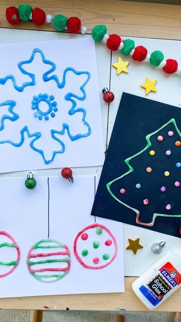 Kids Craft and Learning Page on Instagram: "Salt Painting 🎄❄️ follow @abcdeelearning for more kids ideas 🎅🏻Make this fun salt art with your kids this season! 💚Draw your pictures on card stock ❤️Outline the drawings in glue and sprinkle salt all over it 🎄You can do this activity right away or wait for it to dry ❄️Use watercolors to paint the salt! It’s so fun to watch the colors flow through the salt" Glue And Salt Art, Glue Salt Painting, Salt Painting For Kids Christmas, Christmas Salt Painting For Kids, Salt Painting Christmas, Glue And Salt Painting, Christmas Salt Painting, Salt Watercolor Painting, Salt Art Painting